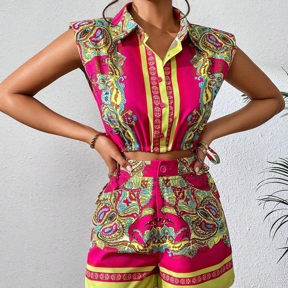 Graphic Print Tie Side Blouse & Shorts - Picture 3 of 5